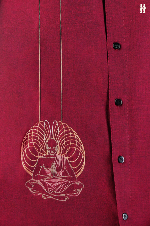 Regular Collar Embroidered Design Burgundy Red Cotton Shirt