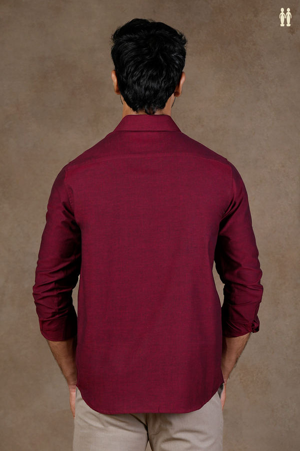 Regular Collar Embroidered Design Burgundy Red Cotton Shirt