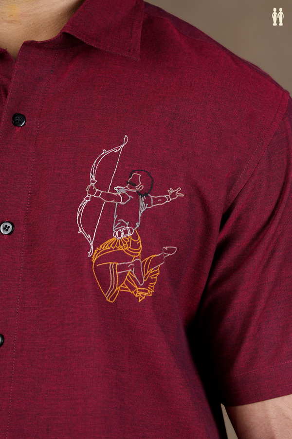Regular Collar Embroidered Design Burgundy Red Cotton Shirt
