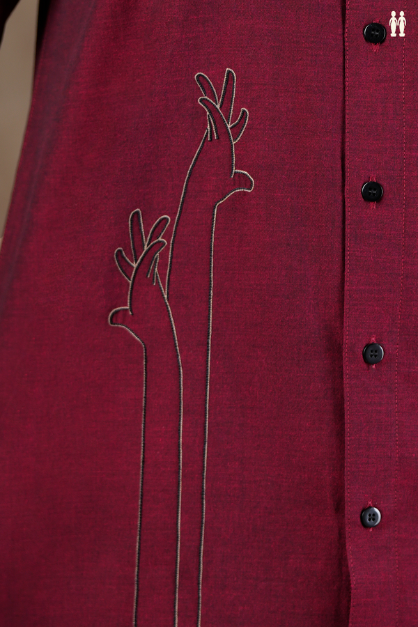 Regular Collar Embroidered Design Burgundy Red Cotton Shirt
