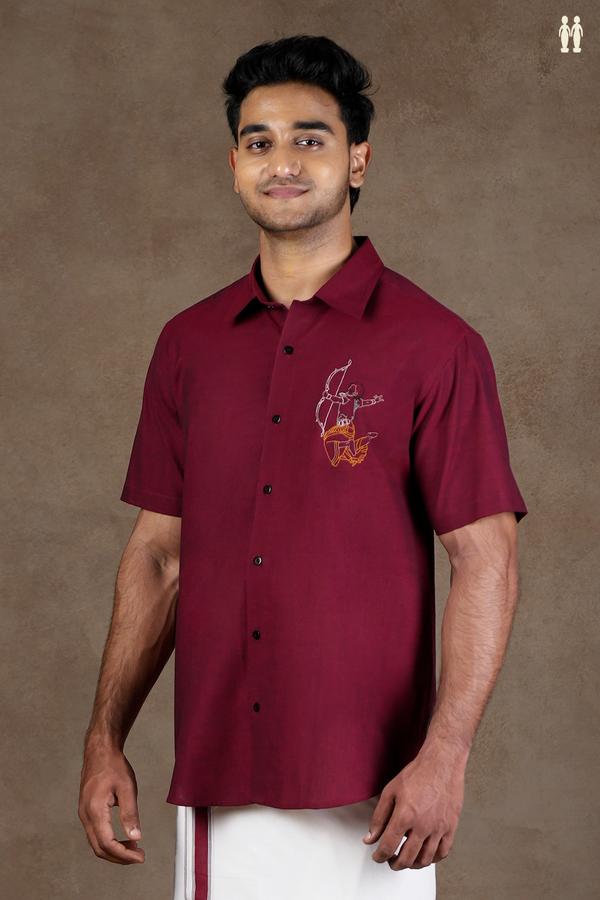 Regular Collar Embroidered Design Burgundy Red Cotton Shirt