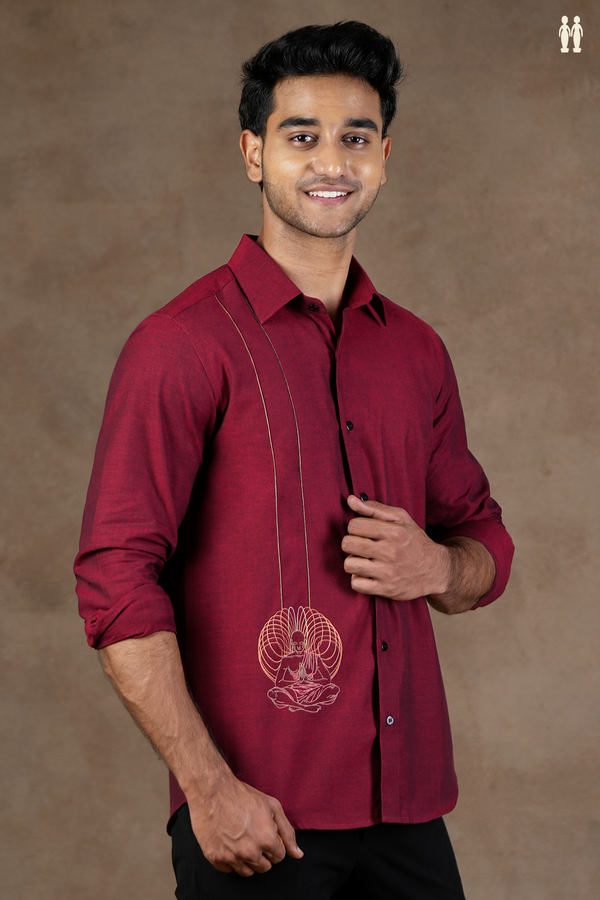 Regular Collar Embroidered Design Burgundy Red Cotton Shirt