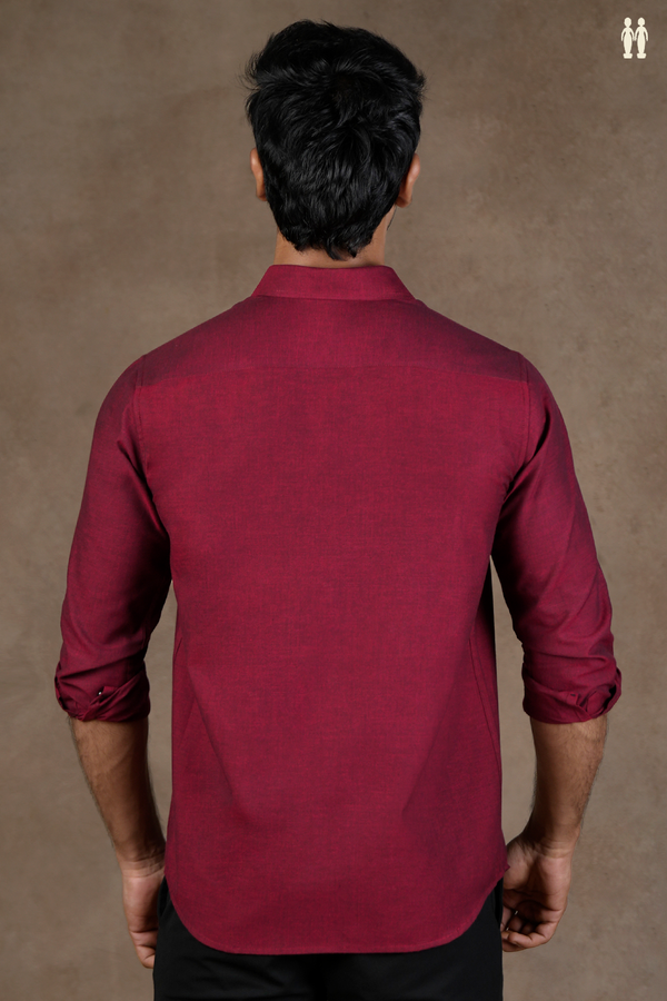 Regular Collar Embroidered Design Burgundy Red Cotton Shirt