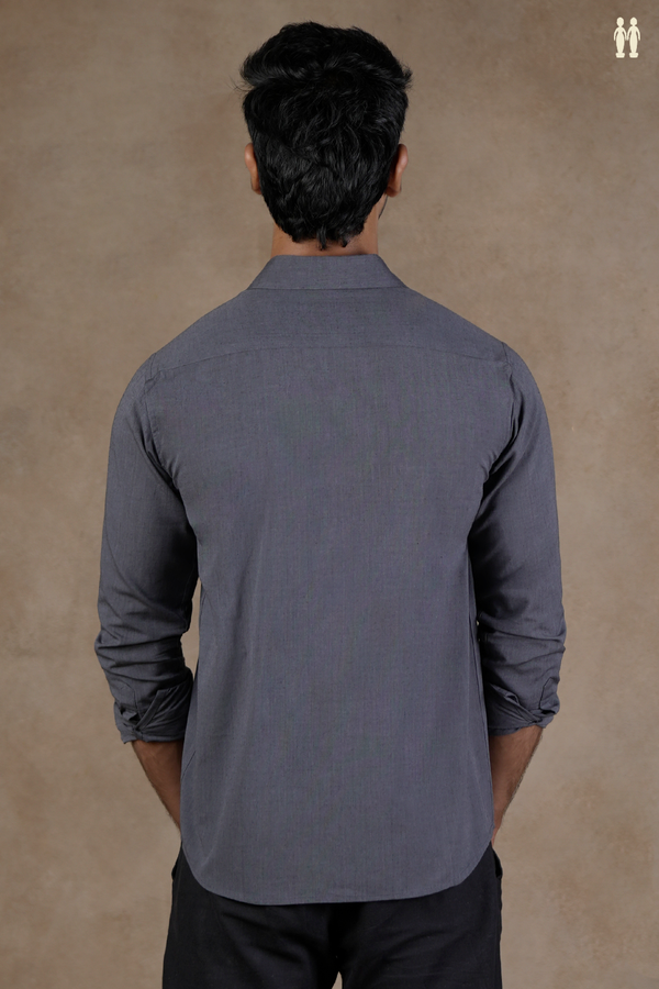 Regular Collar Embroidered Design Grey Cotton Shirt