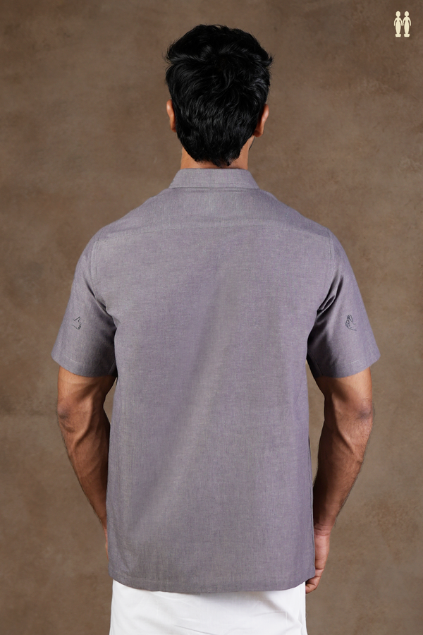 Regular Collar Embroidered Design Grey Cotton Shirt