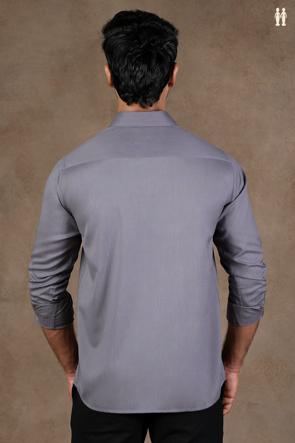 Regular Collar Embroidered Design Grey Cotton Shirt