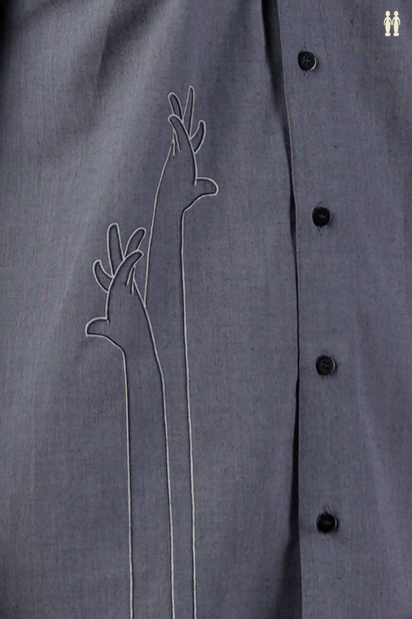 Regular Collar Embroidered Design Grey Cotton Shirt