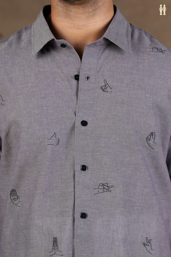 Regular Collar Embroidered Design Grey Cotton Shirt