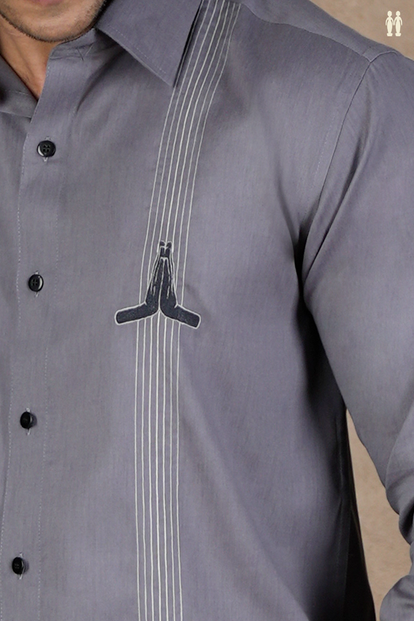 Regular Collar Embroidered Design Grey Cotton Shirt