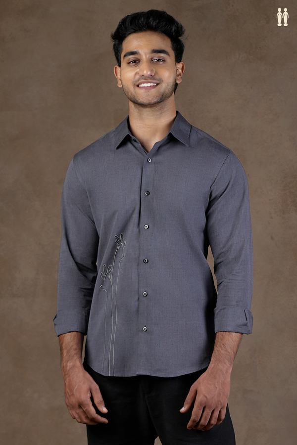 Regular Collar Embroidered Design Grey Cotton Shirt