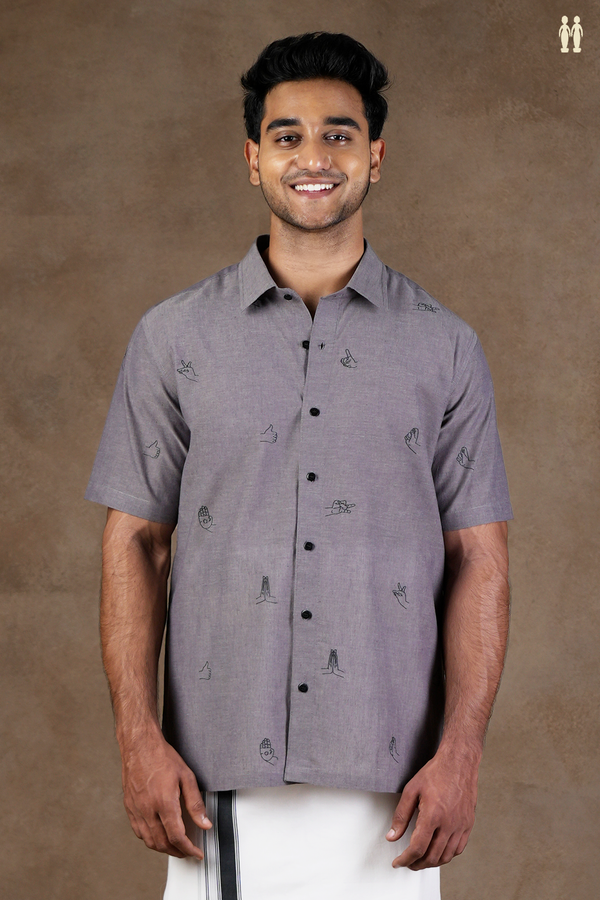 Regular Collar Embroidered Design Grey Cotton Shirt