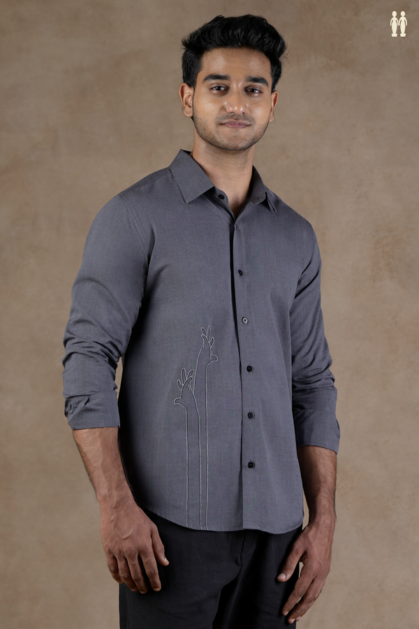 Regular Collar Embroidered Design Grey Cotton Shirt