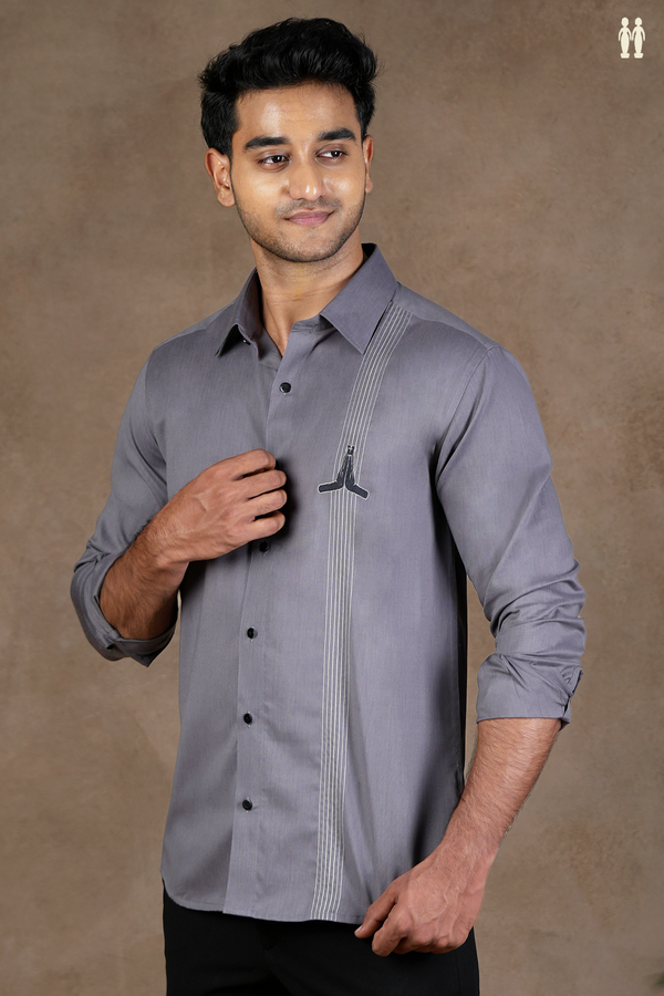 Regular Collar Embroidered Design Grey Cotton Shirt