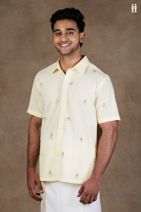 Regular Collar Embroidered Design Ivory Cotton Shirt