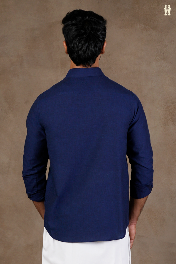 Regular Collar Embroidered Design Oxford Blue Cotton Shirt