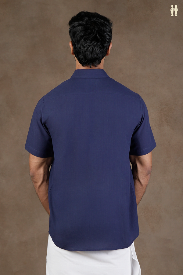Regular Collar Embroidered Design Oxford Blue Cotton Shirt