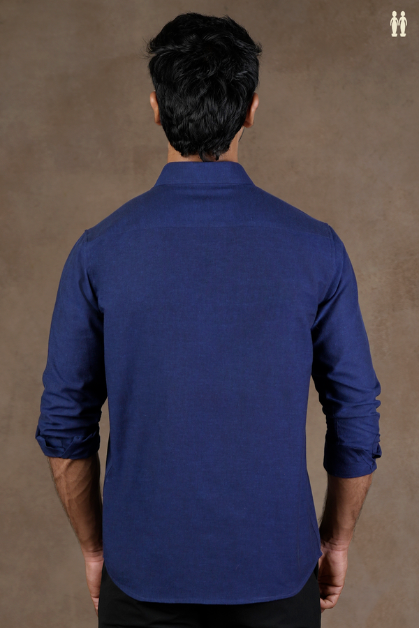 Regular Collar Embroidered Design Oxford Blue Cotton Shirt