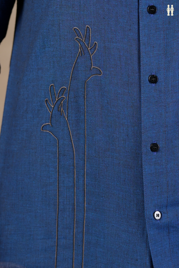 Regular Collar Embroidered Design Oxford Blue Cotton Shirt