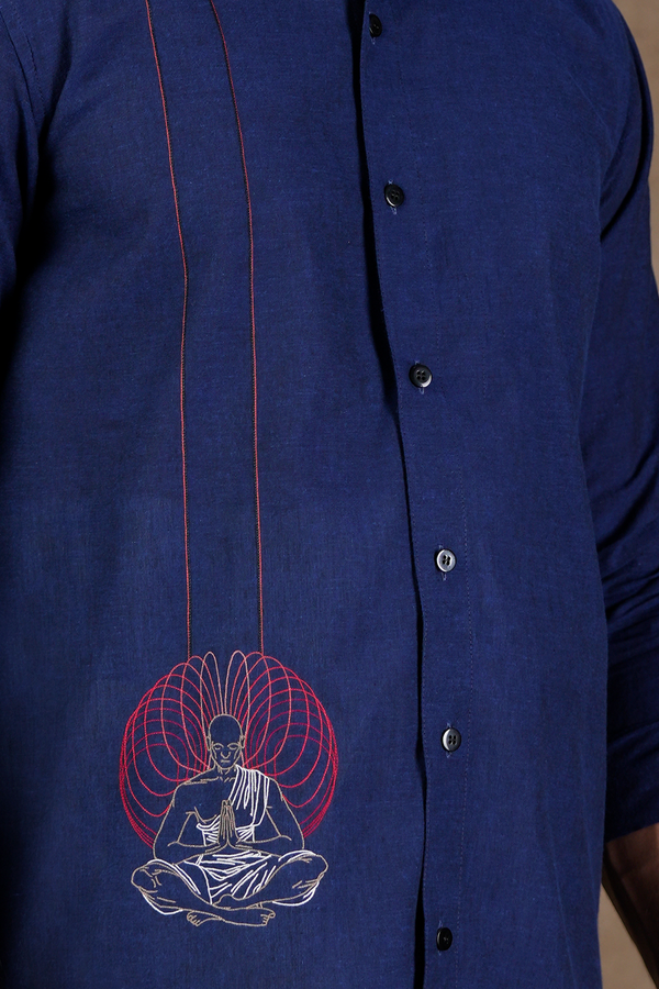 Regular Collar Embroidered Design Oxford Blue Cotton Shirt