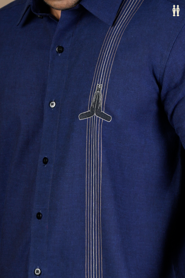 Regular Collar Embroidered Design Oxford Blue Cotton Shirt