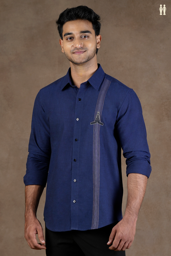Regular Collar Embroidered Design Oxford Blue Cotton Shirt