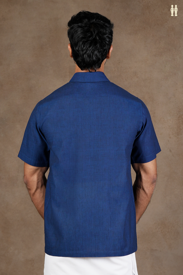 Regular Collar Embroidered Design Oxford Blue Cotton Shirt