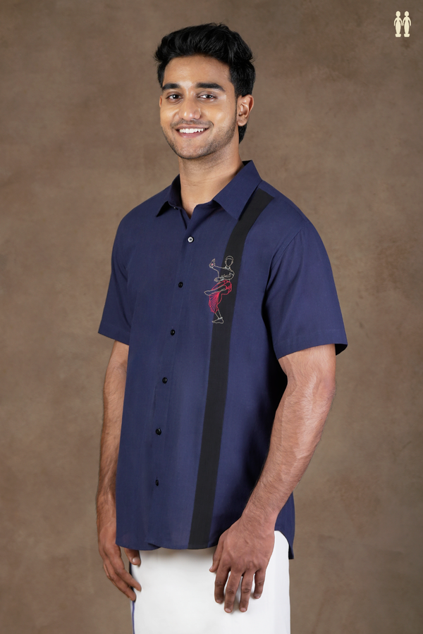 Regular Collar Embroidered Design Oxford Blue Cotton Shirt