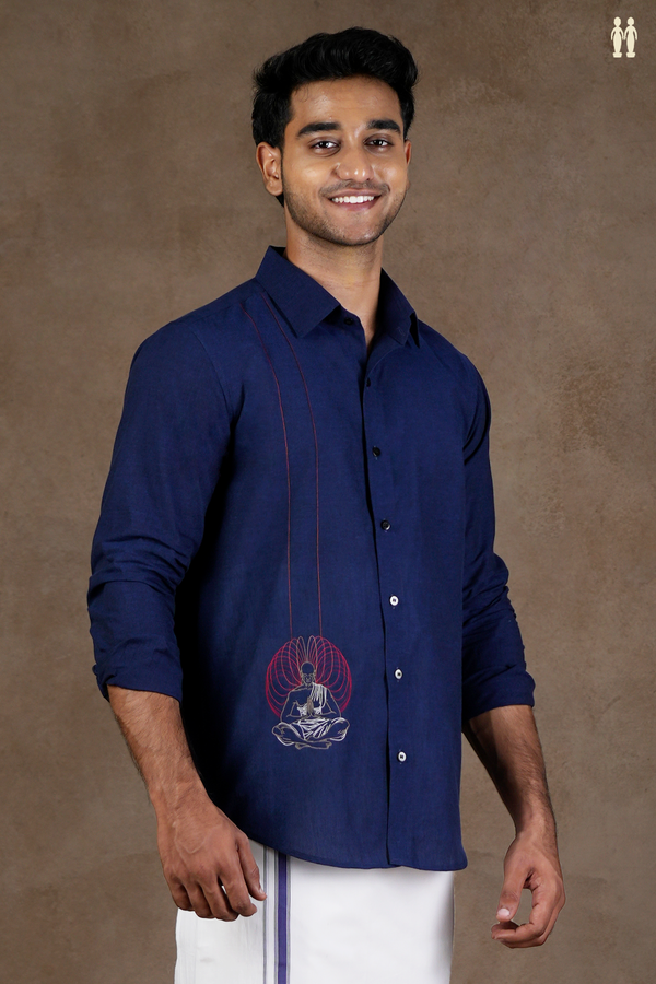 Regular Collar Embroidered Design Oxford Blue Cotton Shirt