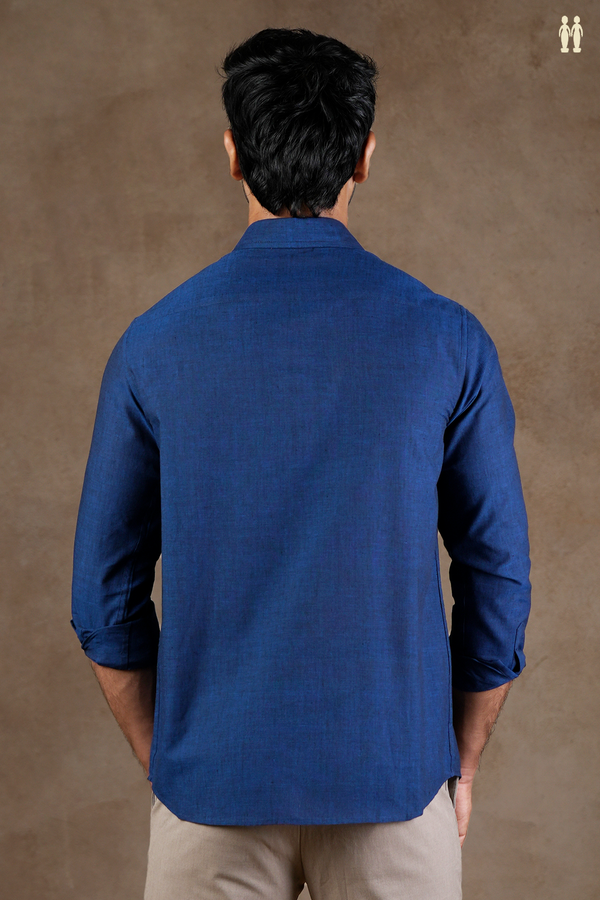 Regular Collar Embroidered Design Oxford Blue Cotton Shirt
