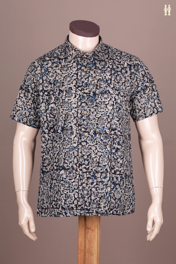 Regular Collar Floral Design Black Kalamkari Cotton Shirt