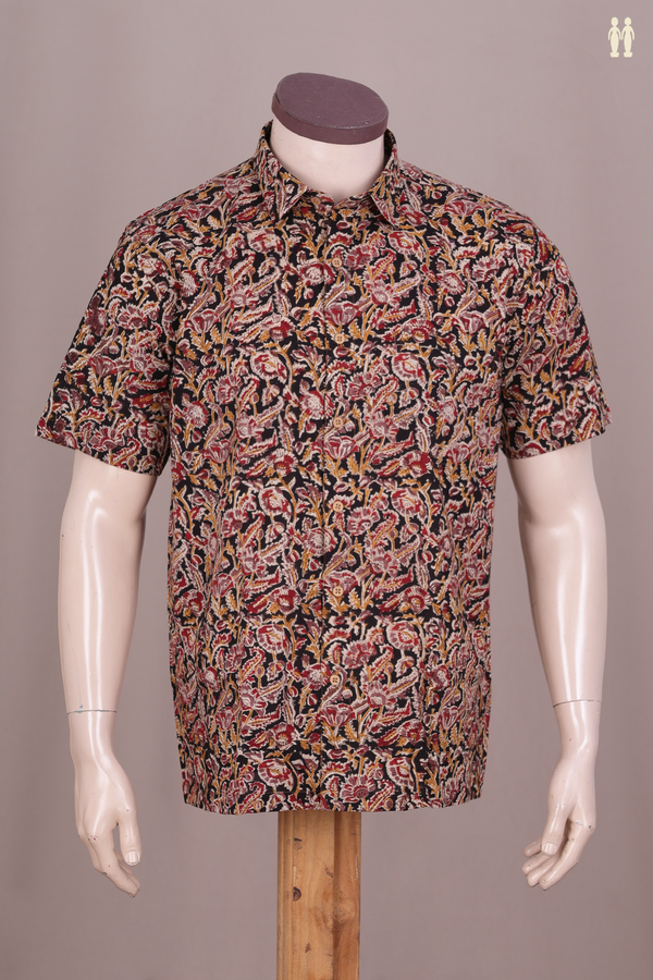 Regular Collar Floral Design Black Kalamkari Cotton Shirt