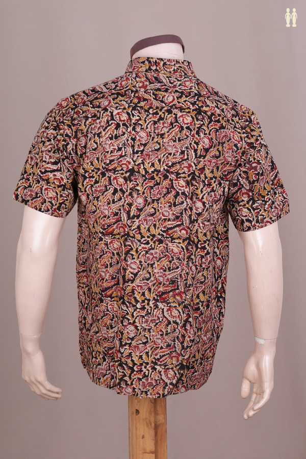 Regular Collar Floral Design Black Kalamkari Cotton Shirt