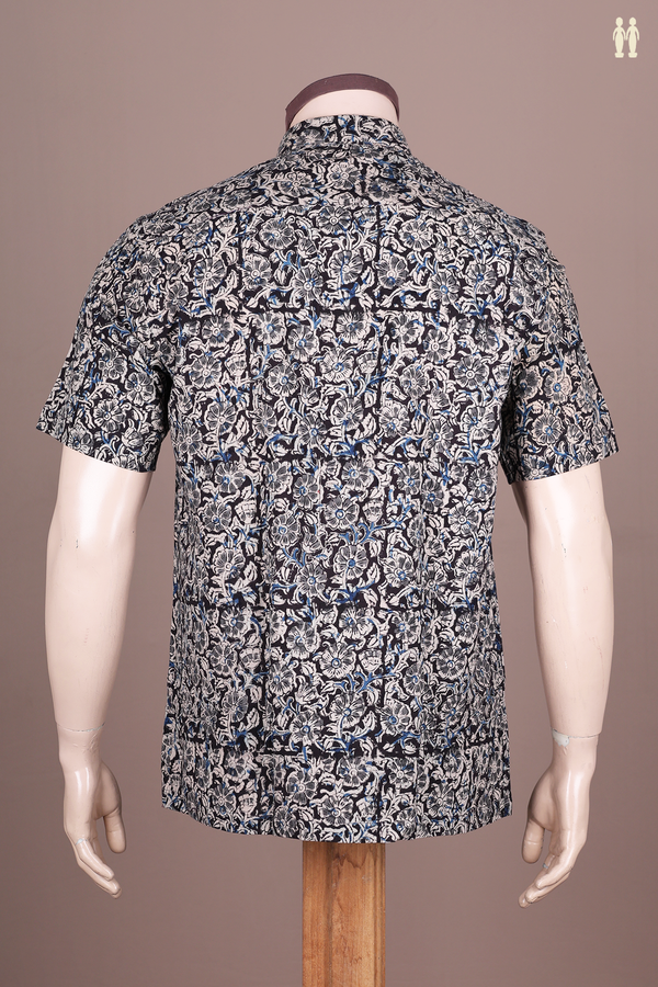 Regular Collar Floral Design Black Kalamkari Cotton Shirt