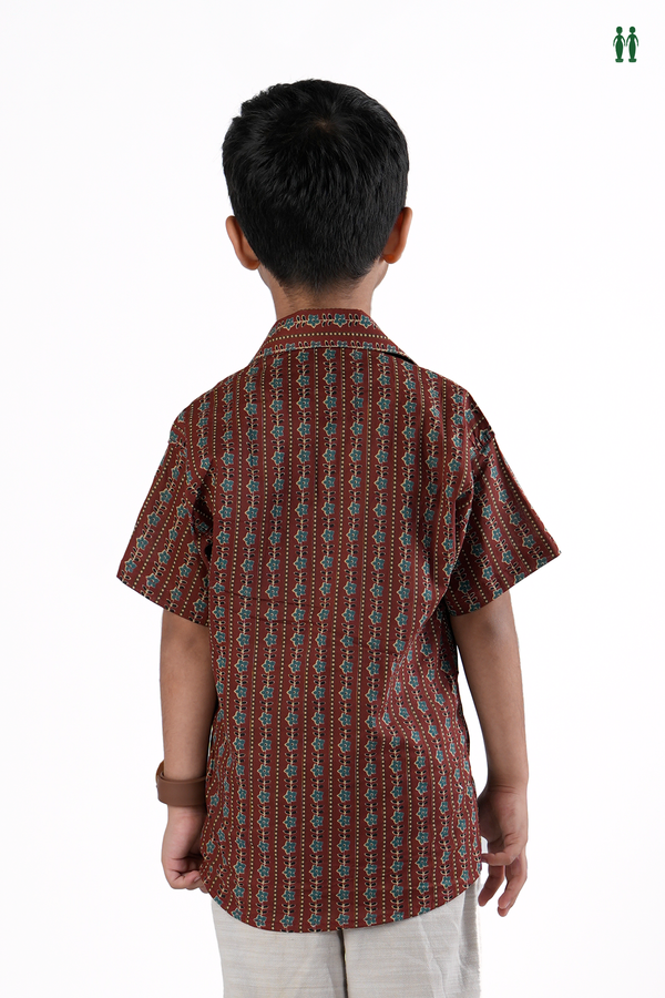 Regular Collar Floral Design Brown Cotton Shirt