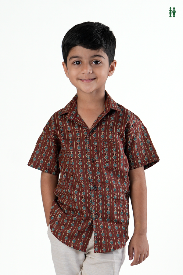 Regular Collar Floral Design Brown Cotton Shirt