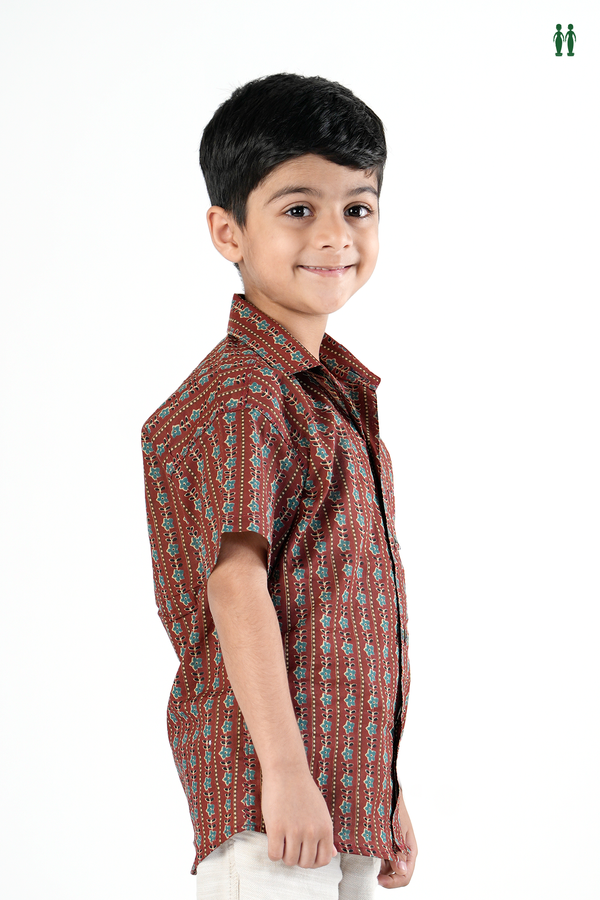 Regular Collar Floral Design Brown Cotton Shirt