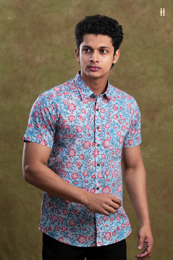 Regular Collar Floral Design Dusty Blue Cotton Shirt