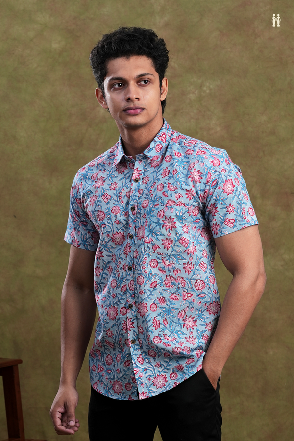 Regular Collar Floral Design Dusty Blue Cotton Shirt