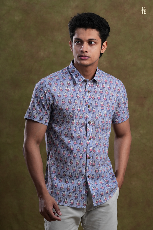 Regular Collar Floral Design Dusty Blue Cotton Shirt