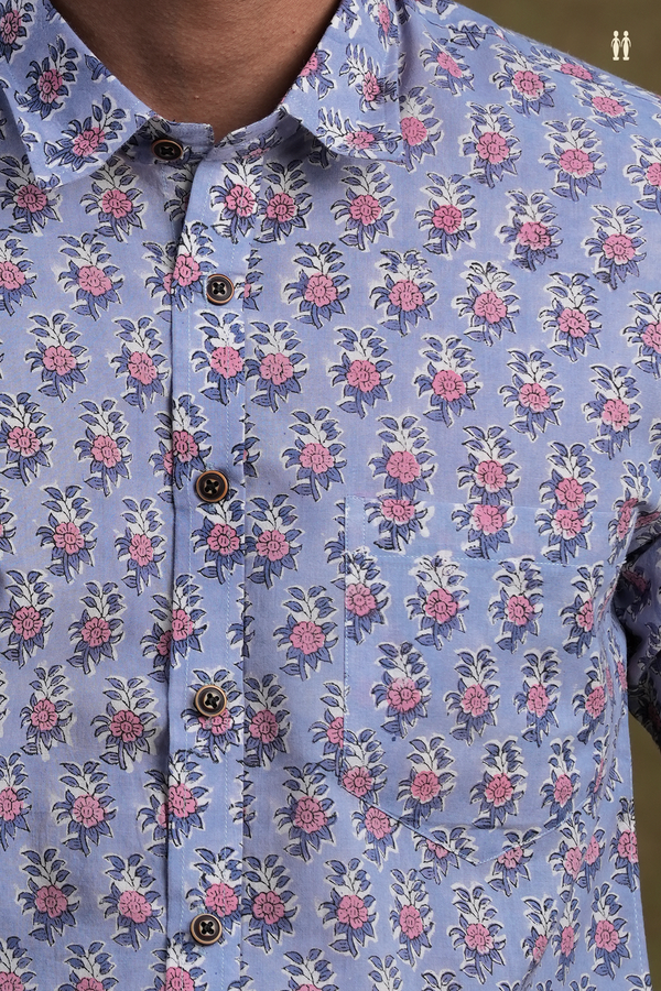 Regular Collar Floral Design Dusty Blue Cotton Shirt