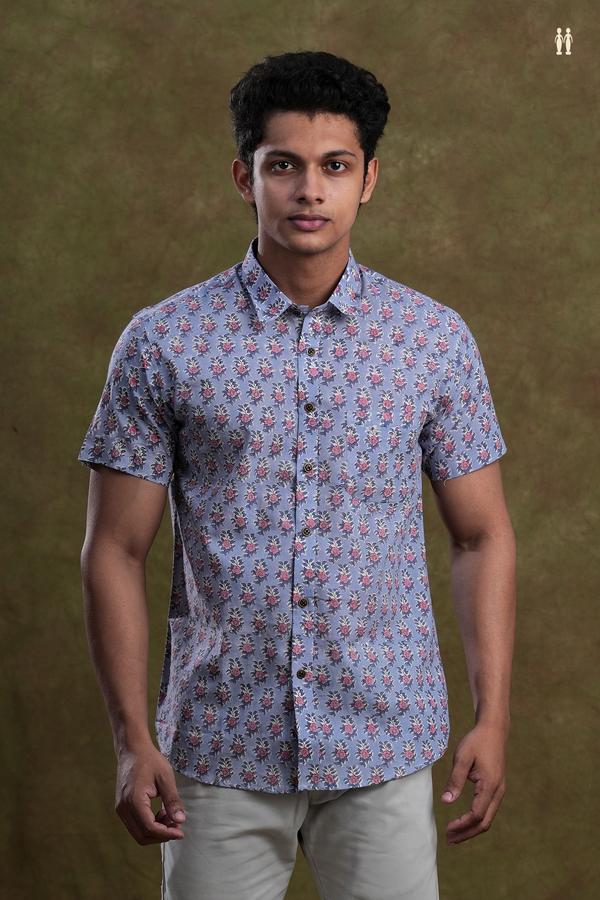 Regular Collar Floral Design Dusty Blue Cotton Shirt