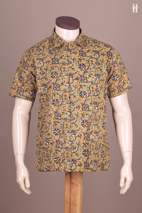 Regular Collar Floral Design Golden Brown Cotton Shirt