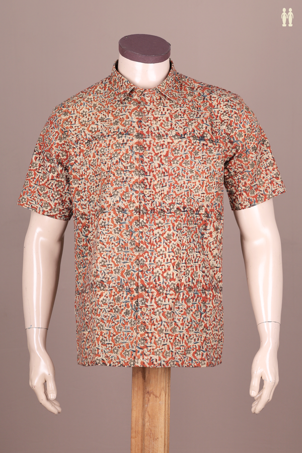 Regular Collar Floral Design Orange Kalamkari Cotton Shirt