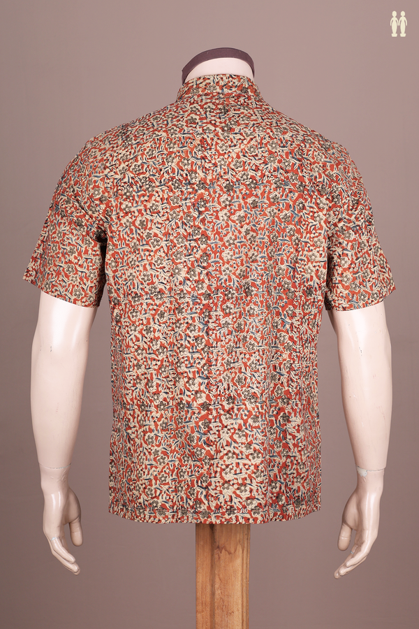 Regular Collar Floral Design Orange Kalamkari Cotton Shirt