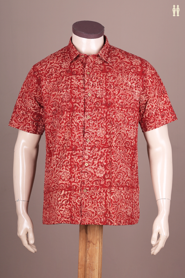 Regular Collar Floral Design Red Kalamkari Cotton Shirt