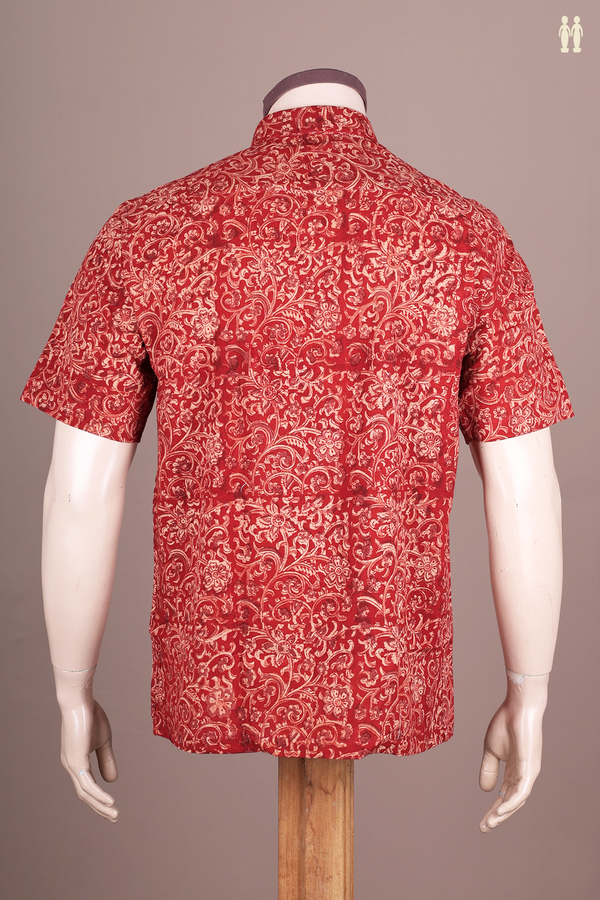 Regular Collar Floral Design Red Kalamkari Cotton Shirt