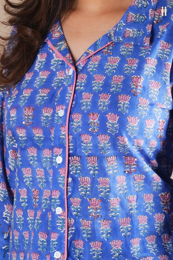 Regular Collar Floral Printed Blue Cotton Salwar Set