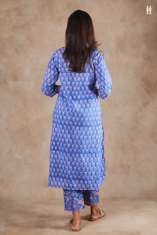 Regular Collar Floral Printed Blue Cotton Salwar Set