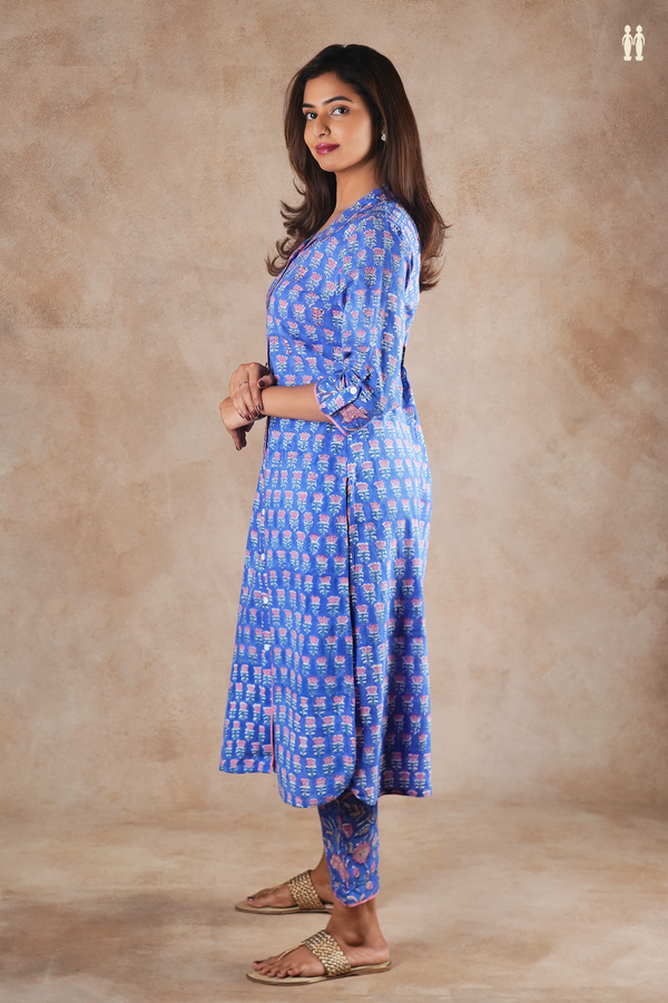 Regular Collar Floral Printed Blue Cotton Salwar Set
