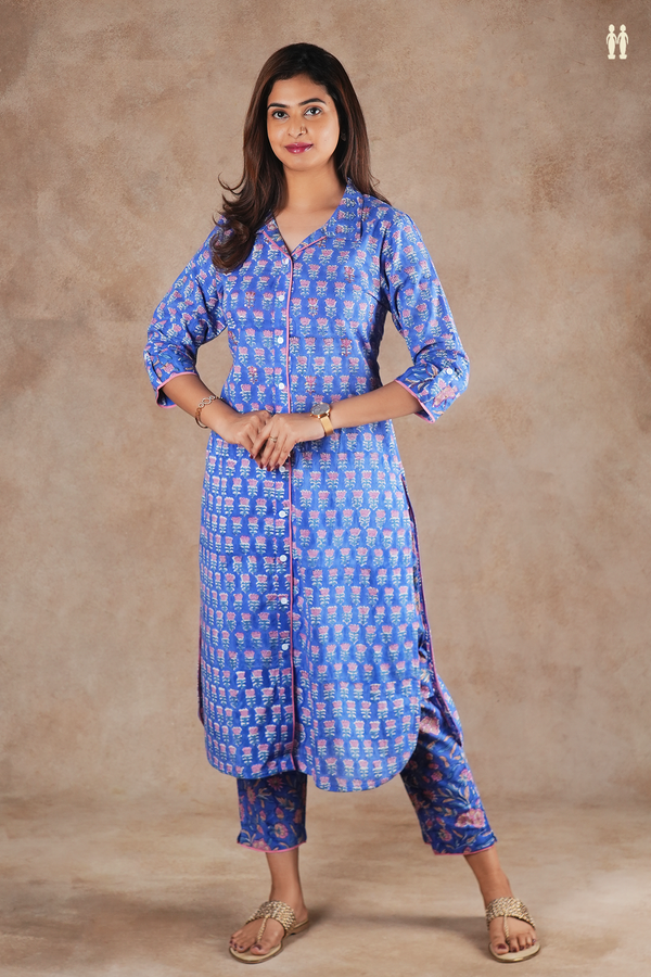 Regular Collar Floral Printed Blue Cotton Salwar Set